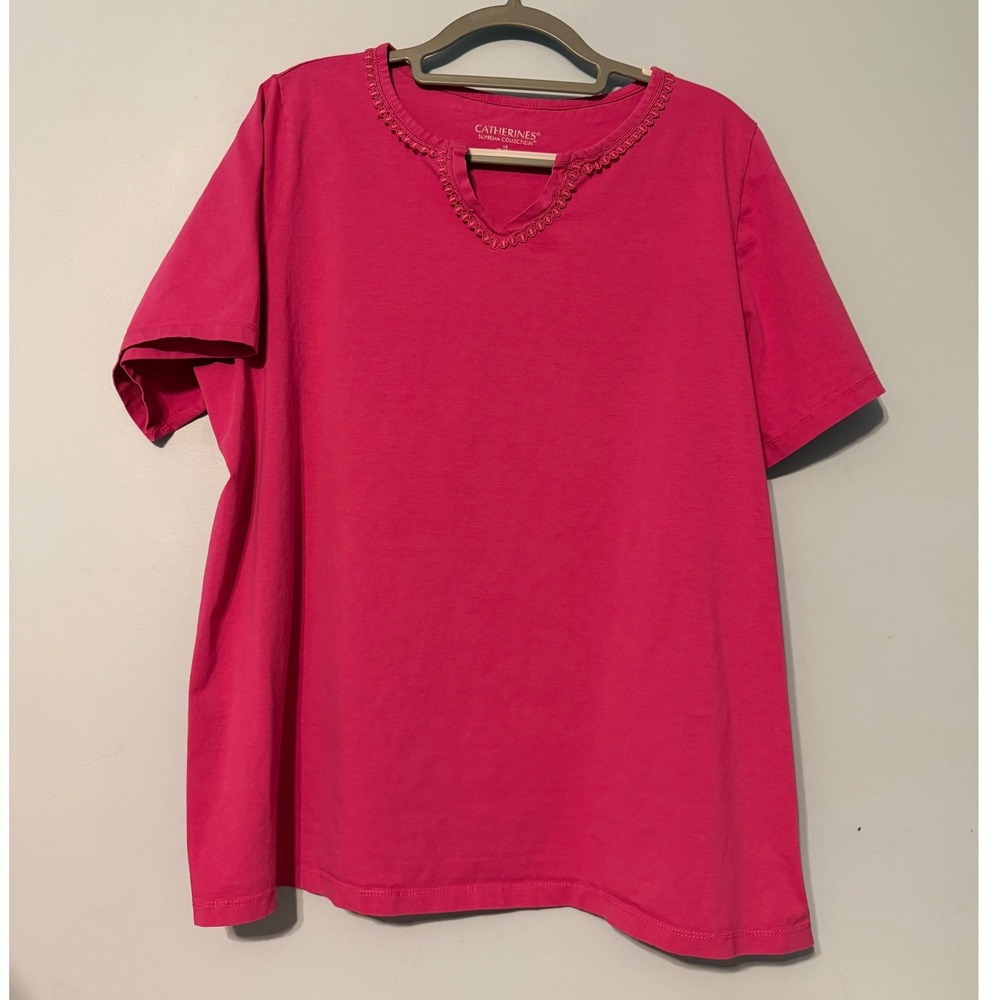 Catherines Suprema Collection 1X Pink Notch Neck Lace Trim Tee Shirt 2057